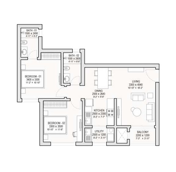 One Residences at Sobha One World 2 BHK Floorplan