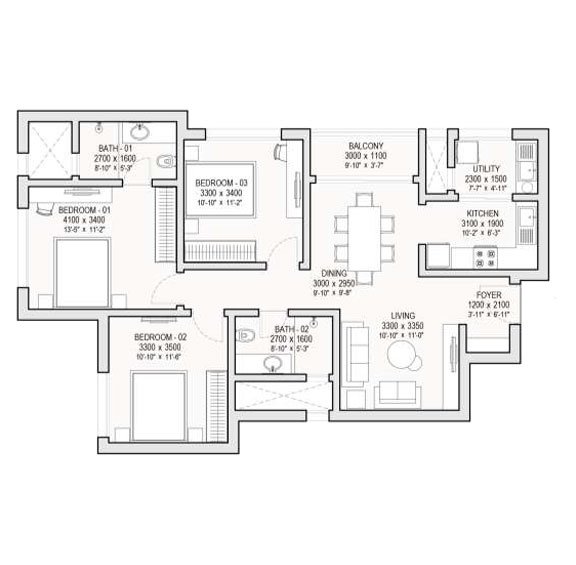 One Residences at Sobha One World 3 BHK Floorplan